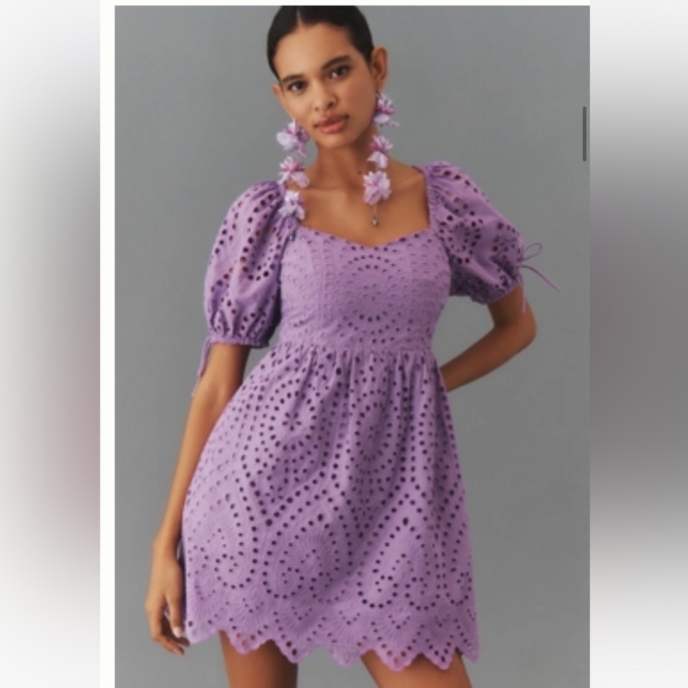 Lilac Eyelet Puff-Sleeve Mini Dress
